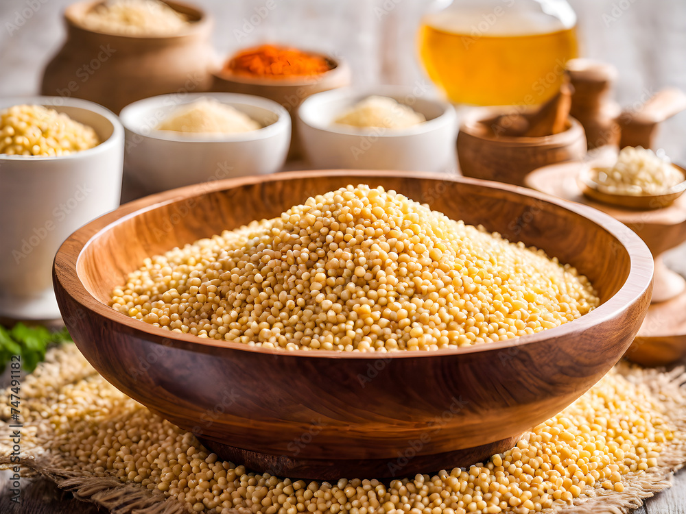 Raw millet groats in wooden bowl on rustic background.