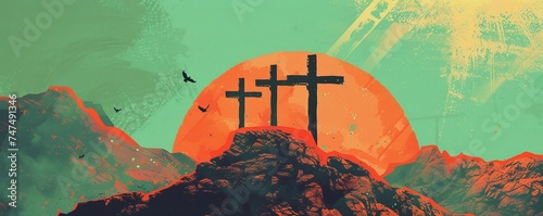Good friday - Three cross crucifix on mountain and orange green sky and sunshine texture background vector design photo