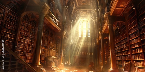 An ancient library filled with magical books, glowing orbs, and mystical artifacts. Shelves reach up to a high, vaulted ceiling, with soft light filtering through stained glass windows. Resplendent.