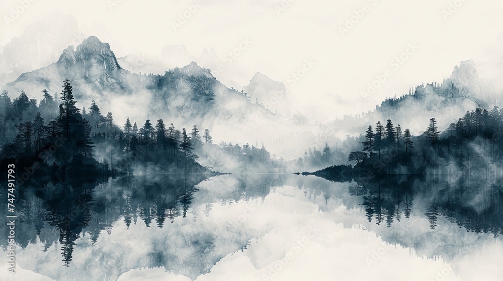 This abstract hand-painted Chinese landscape art wallpaper is suitable for print and digital media, rugs, wallpaper, wall art, graphic design, social media, posters, gallery walls, and T-shirt - obrazy, fototapety, plakaty 