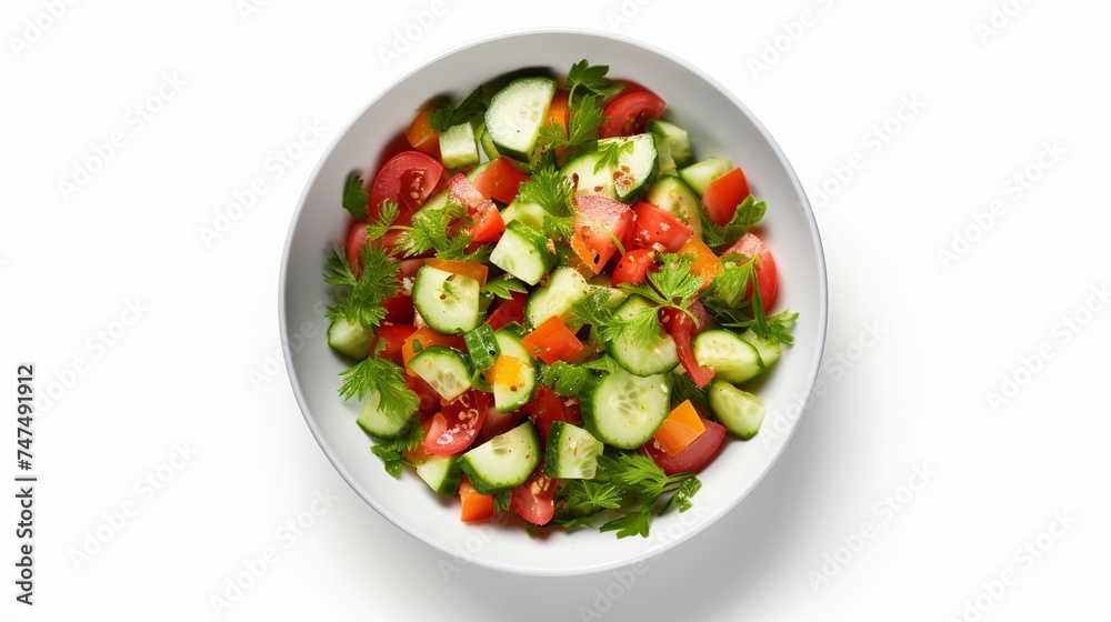 Bowl with delicious vegetable salad on white background, top view