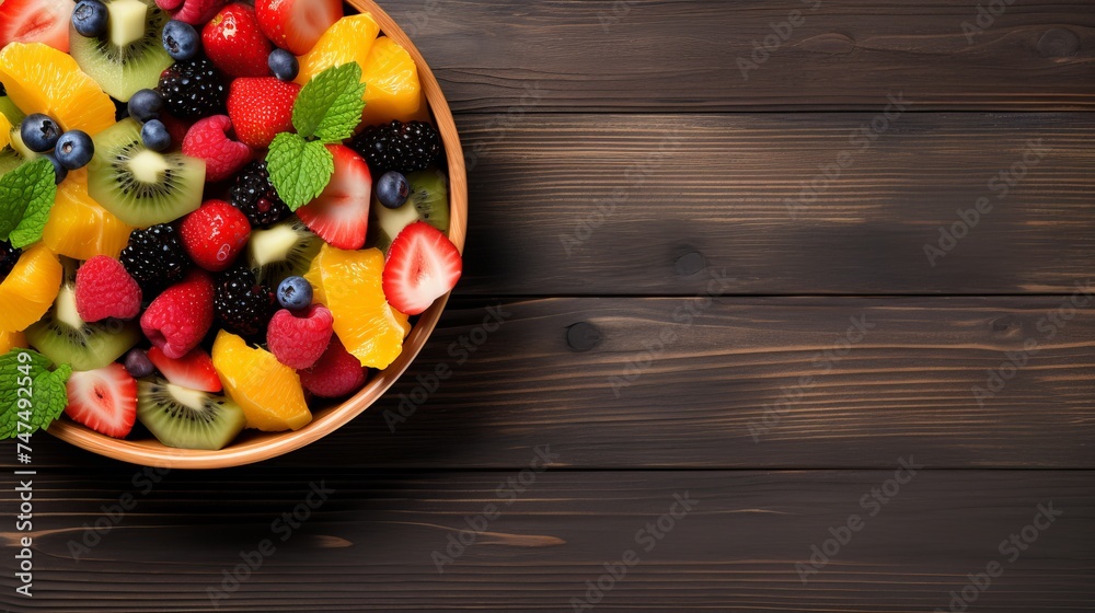 Bowl of healthy fresh fruit salad on wooden background. Top view