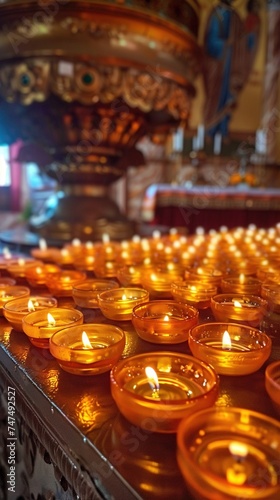 Many burning wax candles in orthodox church or temple for ceremony easter. Background orange candles easter burn in orthodox temples.
