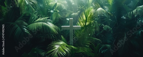 overhead view of a religious cross with palm leaves. Easter palm sunday background photo