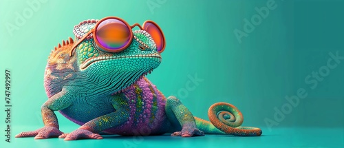Digital art of a chameleon in vivid colors and oversized sunglasses against a teal backdrop, showcasing curiosity and style