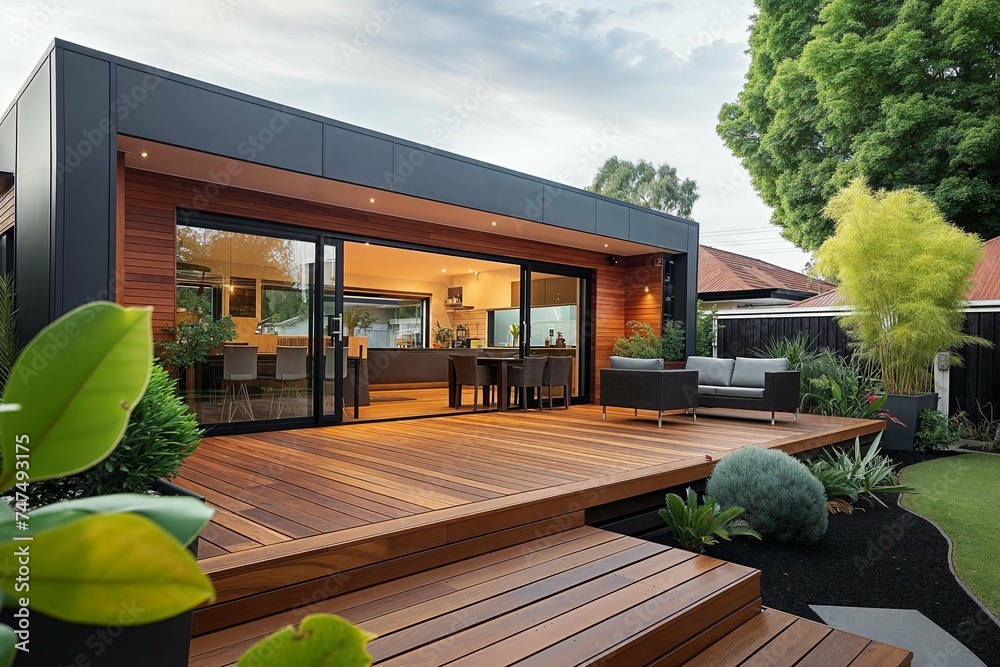 Naklejka premium Modern home renovation in melbourne featuring elegant deck, patio, and lush courtyard area for outdoor living