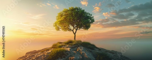 panorama small tree growing with sunrise. green world and earth day concept © Coosh448