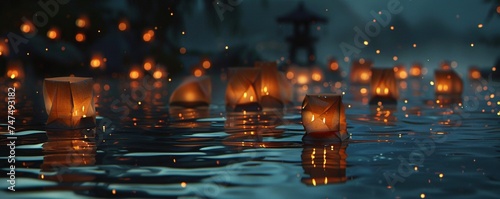 Paper lanterns float on dark water. Traditional Floating Lantern Festival, Memorial Day