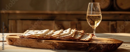 Passover wine and matzoh jewish holiday bread wooden board.