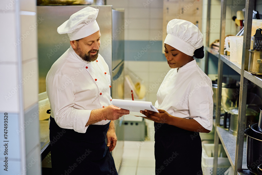 Two chefs going through paperwork while working in restaurant kitchen.