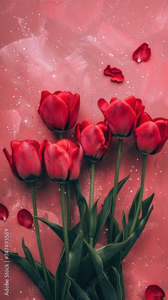 Obraz premium Red tulip bouquet flower background. Floral wallpaper, banner. February 14, valentine's day, love, 8 march international women's day theme.