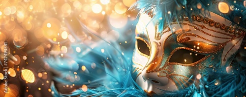 Realistic luxury carnival mask with blue feathers. Abstract blurred background, gold dust, and light effects. © Coosh448