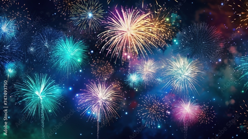Colorful fireworks at night for holiday and celebration concept background.