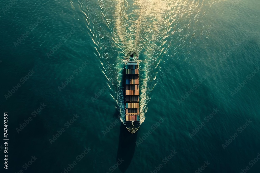 Drone view of a massive container ship navigating through the ocean Illustrating global trade and logistics - obrazy, fototapety, plakaty 