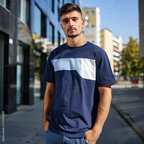 model man, with raw jeans union made product tshirt, in the style of strong linear elements 