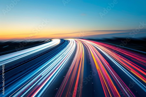 Dynamic urban highway with motion blur and city lights at dusk