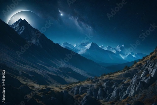 a mountainous landscape under a starry, cloudy night with the moon