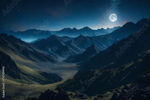 a mountainous landscape under a starry, cloudy night with the moon © Rao