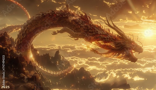 chinese dragon in the sky  in the style of red and golden illusion