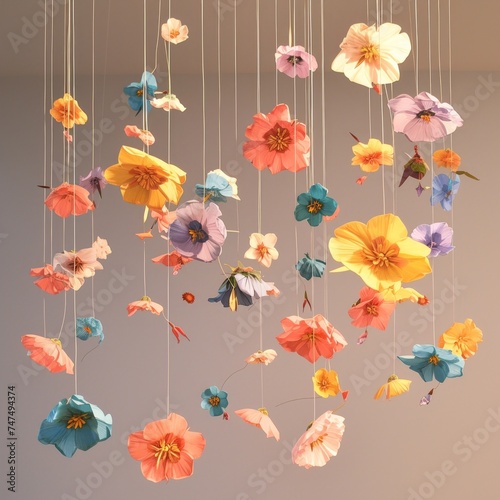 Colorful flowers hanging on strings, 3d rendering. Computer digital drawing.