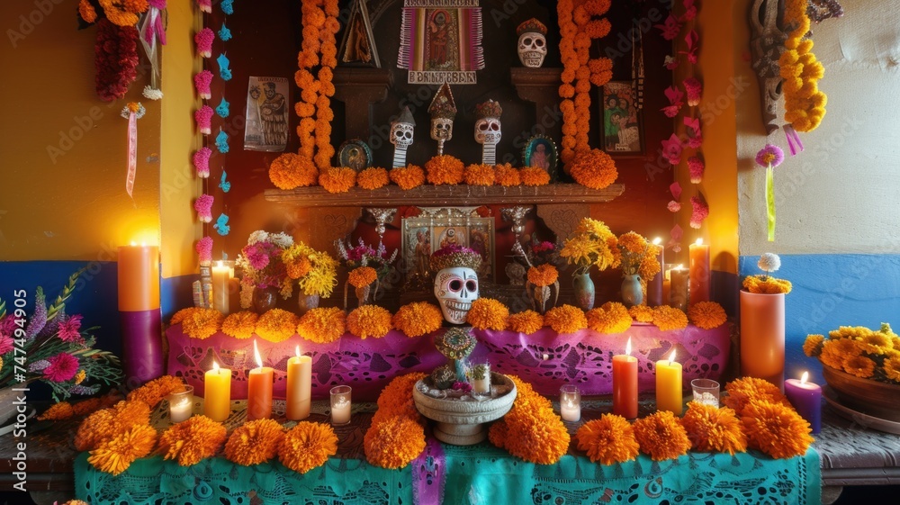 Fototapeta premium vibrant Day of the Dead altar Cinco de Mayo adorned with marigolds, candles, and decorated skulls, celebrating the Mexican tradition of honoring deceased loved ones