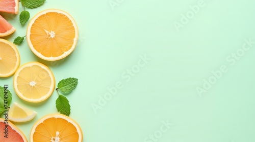 Citrus slices and mint herbs frame on retro mint pastel background with copyspace from above. Top view of lemon and orange refreshment. Summer fruit smoothie minimal banner design