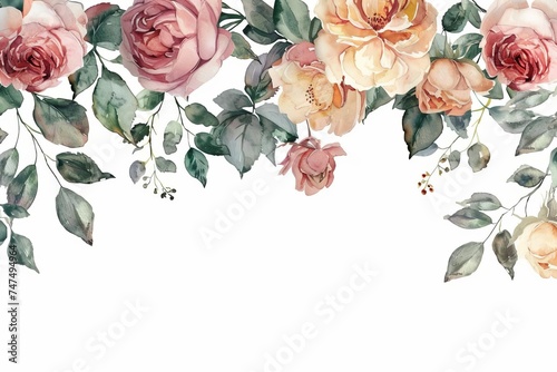 Elegant watercolor floral arrangement bordering a white space Perfect for invitations or greeting cards