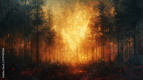 Hand-drawn forest landscape oil painting art wallpaper.
