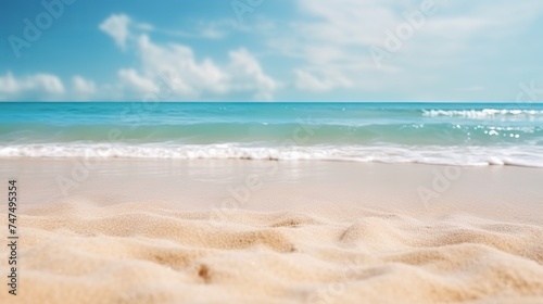 Close up sand with blurred sea sky background, summer day, copy space or for product. Panorama