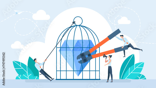 Diamond in birdcage. Metaphor of financial freedom, freedom of money. Financial freedom. Diamond is free from restrictions, sanctions and bans. Vector illustration