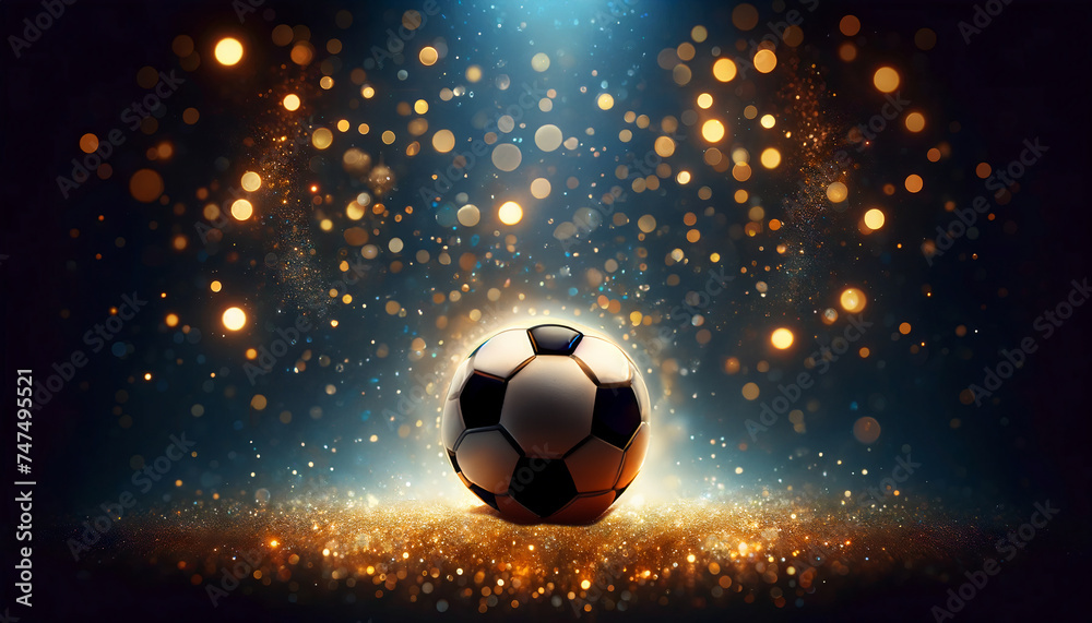Fototapeta premium Soccer Ball Illuminated with Golden Sparkles and Bokeh Lights on Dark Background - Magical Sport Atmosphere. Magical Glow. Nighttime Sports Elegance and Fantasy