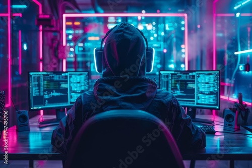 Futuristic depiction of a cyberpunk hacker surrounded by advanced technology and neon lights Embodying the essence of cyber culture