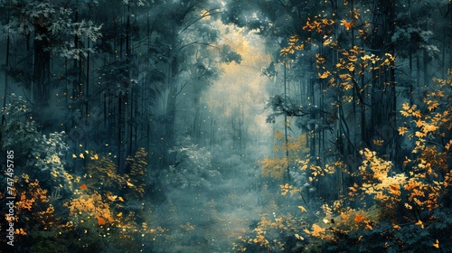A hand-painted art wallpaper of abstract nostalgic leaves in a forest landscape photo