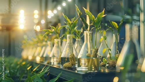 Glass flasks with growing green plants and corn in a laboratory setting. Sustainable investment and green technology concept for environmental science design. photo