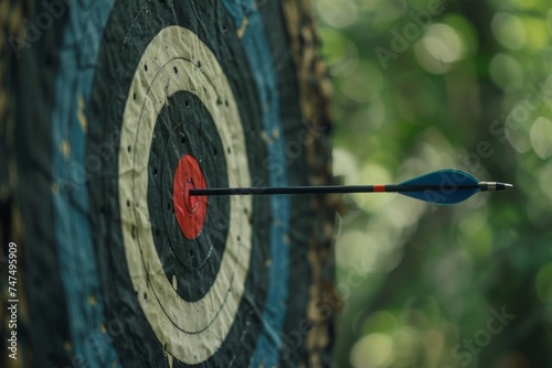 Standard archery target with one arrow hit the bullseye 