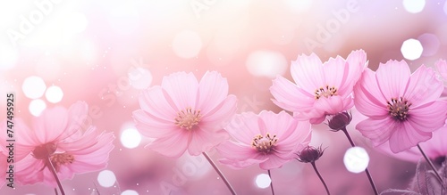 Beautiful pink flowers in the meadow nature field with soft bokeh sun light during the day. Plants and flowers concept background. © Alpa