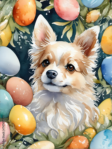 Watercolor Easter dog illustration. Puppy clipart. Easter decorated eggs and flowers. Greeting cards, poster, print
