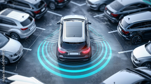 Fahrerassistenzsysteme mit Kollisionsvermeidung durch Sensoren und Abstandsregelung mit autonomer Fahrzeugtechnologie und künstlicher Intelligenz in Fahrzeugen Generative AI photo