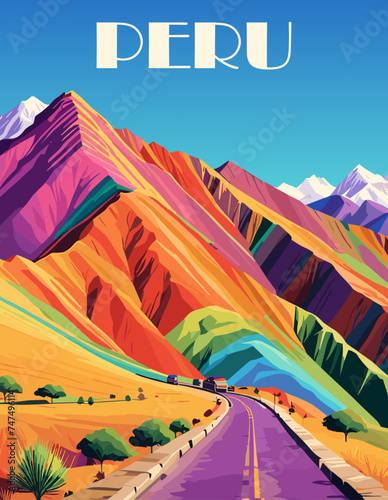 Peru Travel Destination Poster in retro style. Vinicunca, Andes rainbow Mountaines digital print. Exotic summer vacation, holidays concept. Vintage vector colorful illustrations. photo