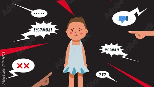 A boy tries on a woman's dress and experiences bullying from those around him, ridicule, insulting exclamations and misunderstanding. Animation mp4, 4K quality