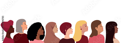 Women of different ethnicities and cultures stand side by side together. Multi-ethnic beauty.  Vector illustration.