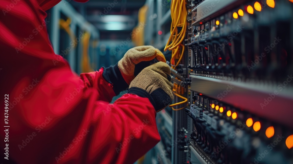 A man in electric blue engineering attire is performing gestures while working on a server in a data center. AIG41 - obrazy, fototapety, plakaty 