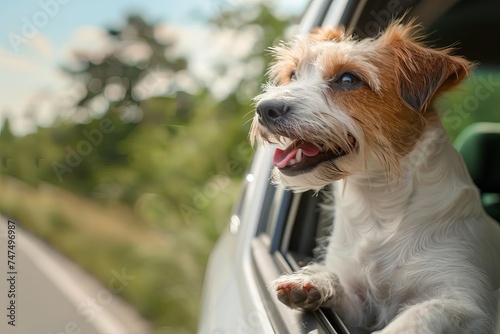Joyful puppy leaning out the car window on a sunny day Embodying freedom and happiness