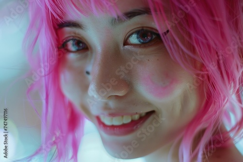 Close up shot of a person with vibrant pink hair, suitable for fashion or beauty concepts