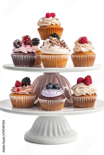 A three tiered cake stand with cupcakes, perfect for bakery or dessert concepts