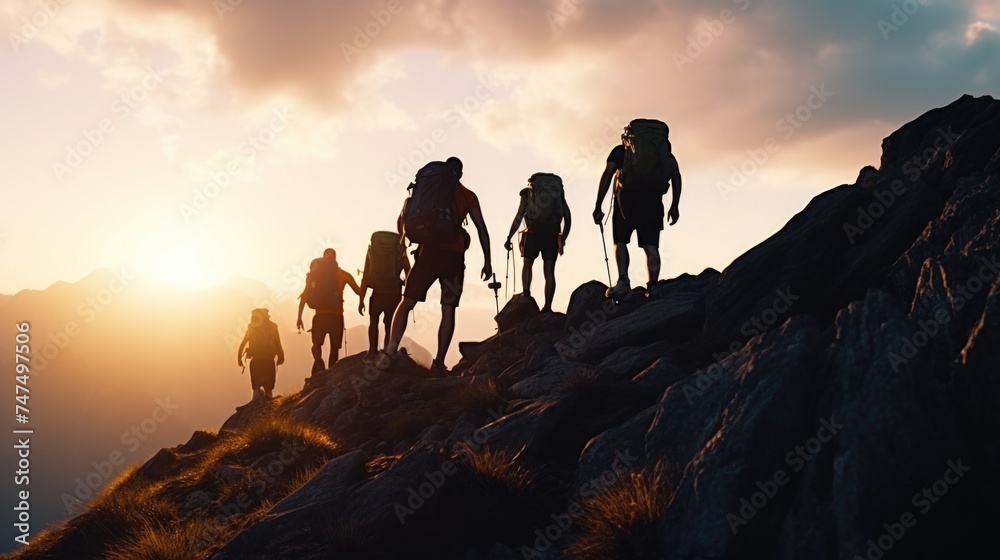 A group of people hiking up a mountain. Ideal for outdoor adventure concept