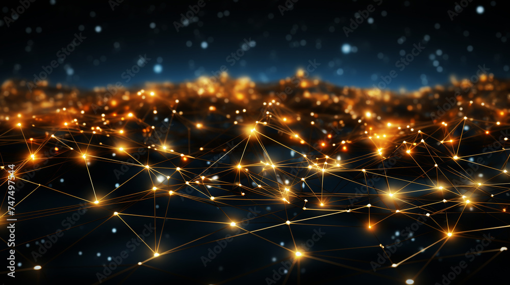 Abstract futuristic molecule structure gold color dark background. Computer network connection digital technology illustration concept. Abstract futuristic molecule structure gold color dark background. Computer network connection digital technology illustration concept.