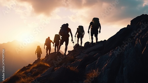 A group of people hiking up a mountain. Ideal for outdoor adventure concept
