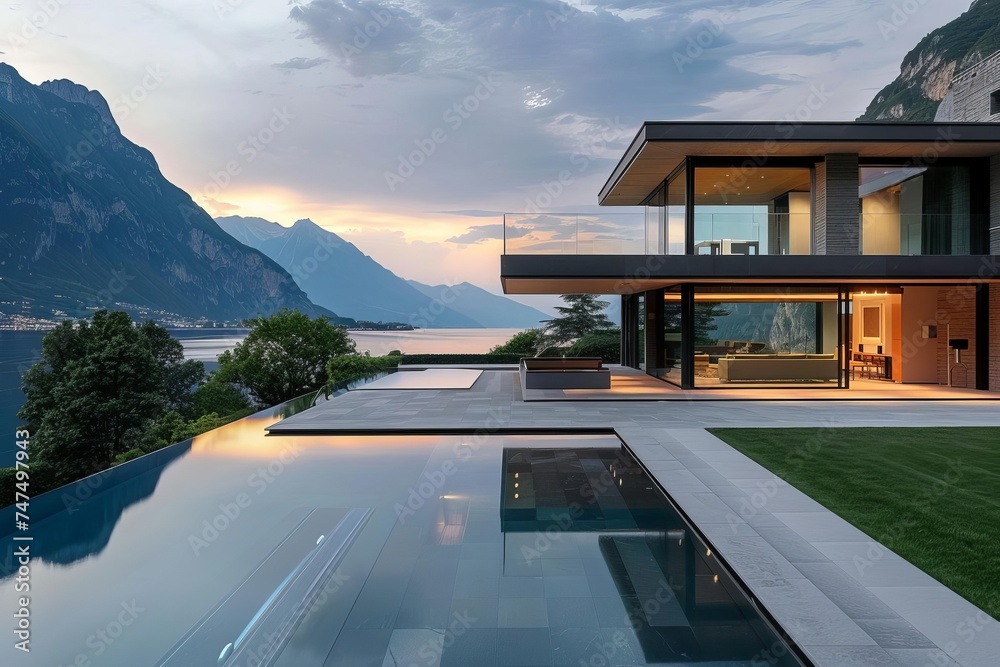 Modern villa exterior with minimalist design Featuring expansive glass walls and breathtaking mountain views Blending luxury with nature