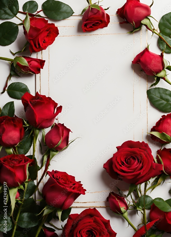 Red roses on white background. Flat lay, top view, copy space